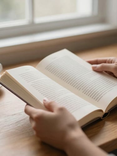 Close-up of warm hands gently holding an open Christian motivational book, soft morning window light, shallow depth of field, on a wooden desk with a cup of coffee nearby.