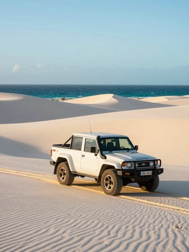 Premium 4x4 off-road vehicle parked on the pristine white sand dunes of Jericoacoara, golden hour sunlight casting warm glow, deep blue ocean in the far background, high-contrast coastal photography