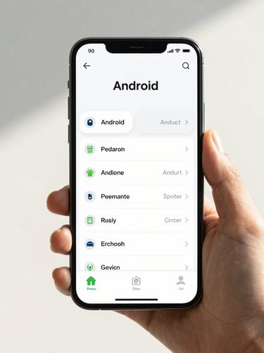 Crisp modern technology photography of a hand holding an Android phone displaying an elegant, high-contrast user interface, bright natural daylight, soft studio fill