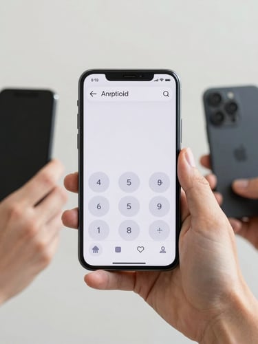A crisp modern Android smartphone held by hands of different generations, displaying a clean user interface with large readable buttons, bright daylight, soft neutral background