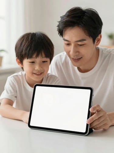 Bright modern technology photography of a parent and child looking at a clean tablet screen together, soft natural daylight, soft neutral background