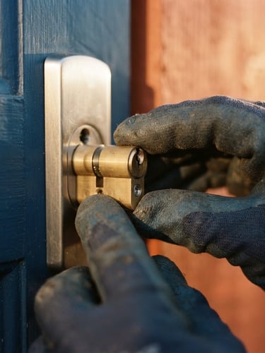 Close-up of hands wearing work gloves, precisely inserting a brass cylinder into a modern door lock, natural golden-hour light, shallow depth of field, warm terracotta and deep blue tones.