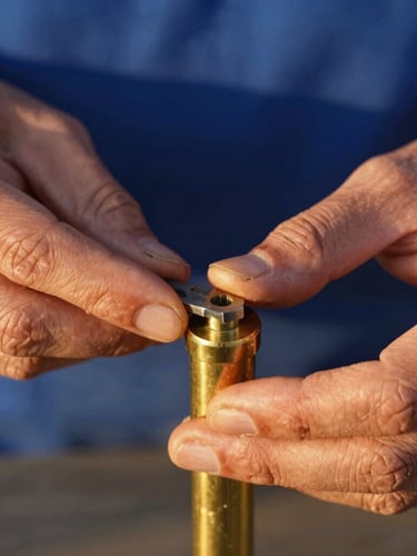 Close-up macro shot of skilled hands working on a brass door cylinder with clean, well-maintained tools, natural golden-hour light, shallow depth of field, rich terracotta and deep blue tones, 35mm