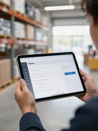 Close-up of a clean dashboard interface on a tablet screen held by a merchant in a bright, well-lit modern warehouse, high-key natural daylight, professional and operational focus.