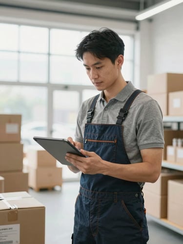 A local business owner in a bright, modern warehouse updating inventory on a tablet, natural high-key daylight, clean background