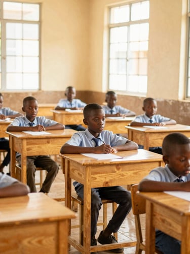 Orderly classroom at Saint Marc school in Abidjan, natural light streaming through windows, children focused on their desks, warm editorial style