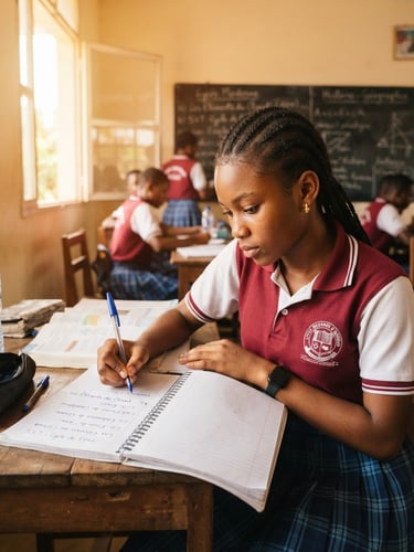 Focused secondary school student writing in a notebook, classroom setting in Abidjan, soft morning light streaming through windows, warm golden tones, sharp focus.
