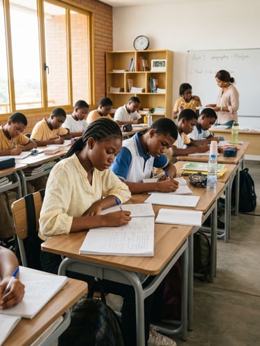 Environmental shot of a modern clean classroom in Abidjan, focused students writing in notebooks under bright natural window light, warm golden accents, sharp focus.
