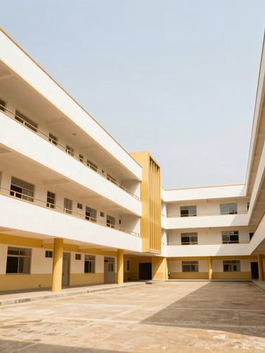 Architectural shot of the clean, modern Cocody Angré campus buildings, bright natural daylight, orderly geometric lines, wide perspective