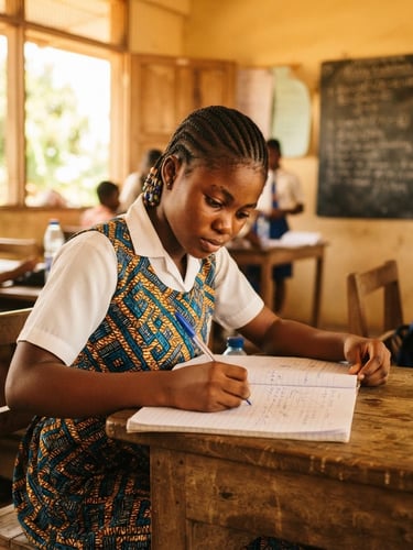 Medium shot of a student writing in a notebook in a sun-drenched classroom, warm West African daylight, focused expression, wooden desk, soft golden tones