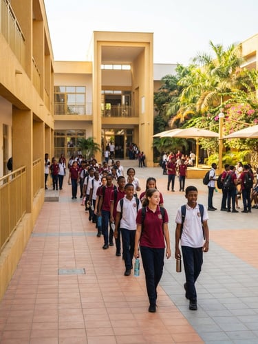 Bright natural daylight photo of the clean modern school courtyard of Saint Marc in Abidjan, students walking orderly, warm golden accents