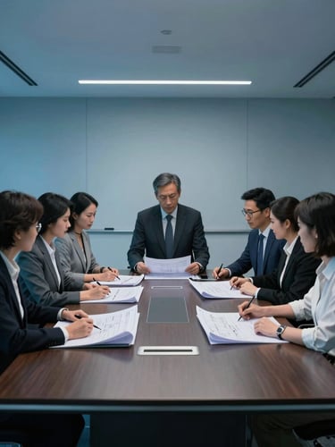 Wide environmental shot of an executive boardroom with sharp focused professionals reviewing blueprints, cool low-key lighting