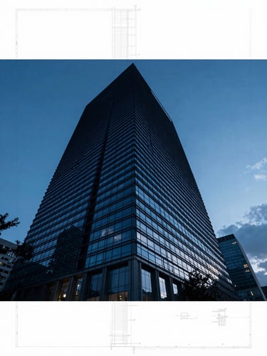 Sleek corporate architectural blueprint overlay, cool low-key lighting, deep blue tones, wide-angle architectural lens