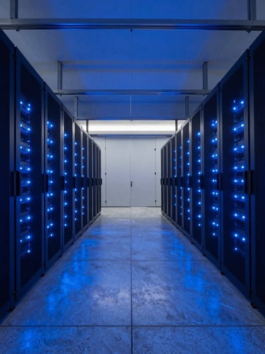 Wide-angle architectural photograph of a pristine, modern data center corridor, symmetrical rows of black server racks with glowing electric blue LED indicators, polished concrete floor reflecting the cool blue light, high contrast, technical atmosphere.