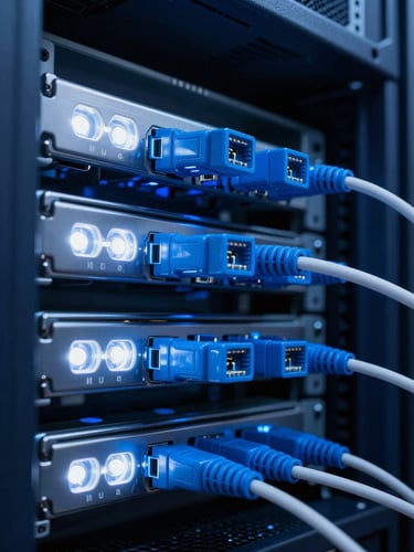 Low-key architectural macro shot of glowing fiber optic patching cables inside a server rack, sharp focus on the blue connectors, deep navy background with cool white LED accents.