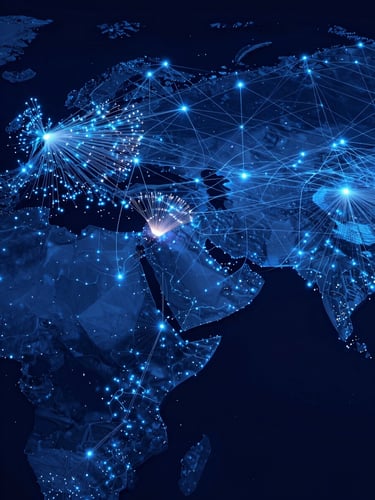 Abstract global network map showing glowing fiber optic routes crossing Egypt and the MENA region, dark blue background, electric blue accents.