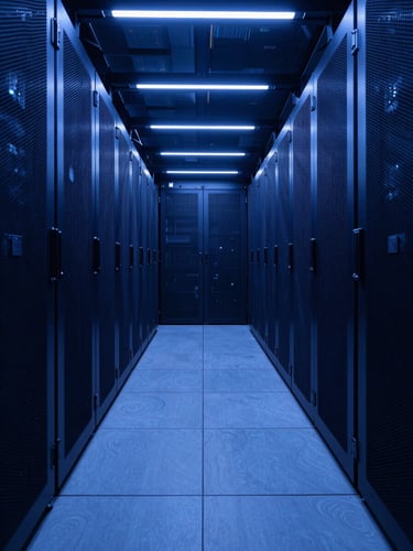 Symmetrical low-key wide shot of a modern server aisle corridor with electric blue LED lighting, deep navy tones, sleek architectural photography.