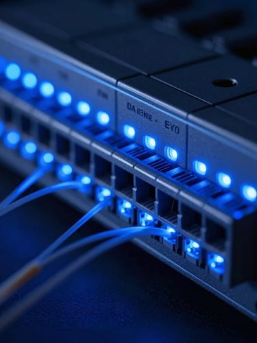 Professional close-up of a fiber optic patching panel glowing with cool blue laser light, macro detail shot, sleek high-contrast architectural style.