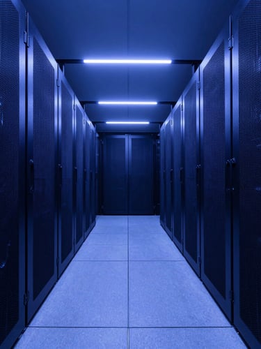 Sleek architectural wide-angle shot of a clean, modern server aisle with low-key cool blue LED lighting, deep navy tones, symmetrical perspective.
