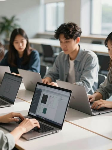Candid, natural-light shot of student creators collaborating over laptops in a bright, modern university study space, clean shadows, tight focus on a screen showing design files.