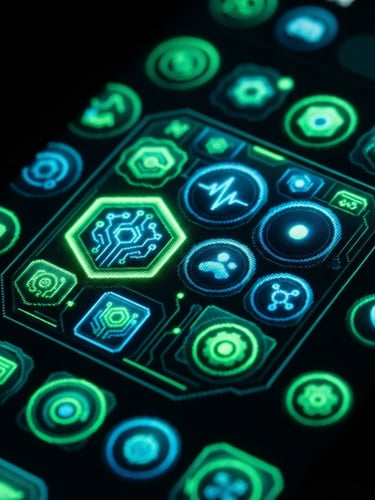 Extreme close-up macro shot of a custom Android launcher interface glowing neon green and cyber-blue on a dark smartphone screen, deep shadows, sharp pixels.