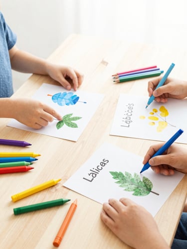 Vista aérea de manos de niños y adultos interactuando con hojas impresas del Kit Lápices Felices, lápices de colores y crayones desparramados, en una mesa de madera clara, iluminación natural brillante.