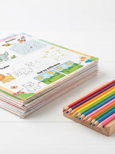 Primer plano de un mockup digital del KIT LÁPICES FELICES, mostrando una pila de hojas impresas con varios diseños de actividades para niños, lápices de colores organizados en primer plano, iluminación natural brillante, fondo blanco.