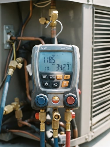 Close up of a clean digital measurement tool showing pressure readings on an air conditioning unit, cool blue tones, sharp focus, technical photography