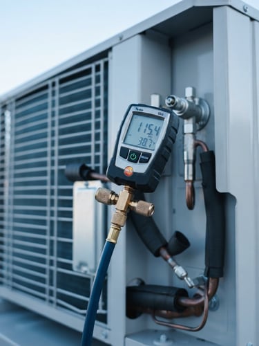 Plan de detalle de un manómetro digital de precisión conectado a una unidad de aire acondicionado impecable, luz de día clara y fría, tonos azul pizarra, enfoque nítido, fotografía técnica profesional