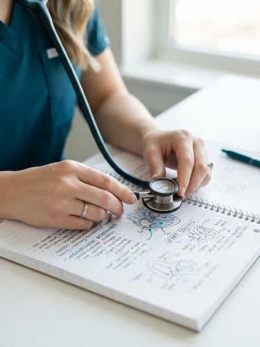 Close-up of clean nursing study materials, hands holding a stethoscope over a neat notebook, bright natural daylight, clinical teal tones