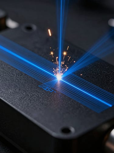 Extreme macro shot of a blue laser beam engraving high-precision vector lines onto a matte black anodized aluminum surface, gold sparks flying, dark atmospheric background, technical lighting.