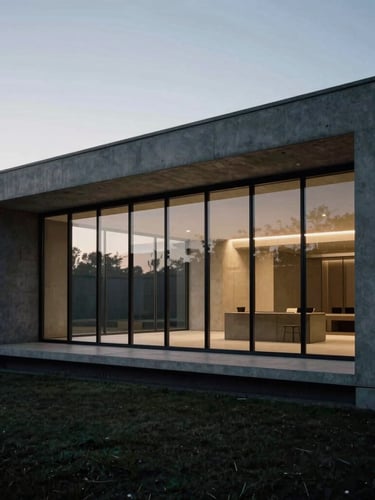 Wide panoramic architectural angle of a minimalist concrete and glass executive pavilion, cool overcast daylight, deep charcoal tones
