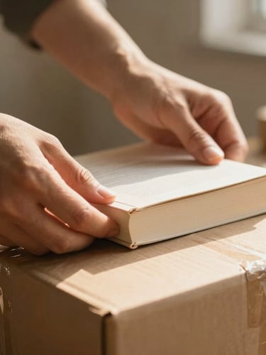 Hands carefully preparing a package of books in warm, natural morning light, shallow depth of field, 35mm editorial photography.