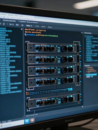 Cool-toned low-key lighting showing a close-up of complex network interfaces and terminal code on a high-contrast monitor in a secure operations center, sharp electric blue highlights.
