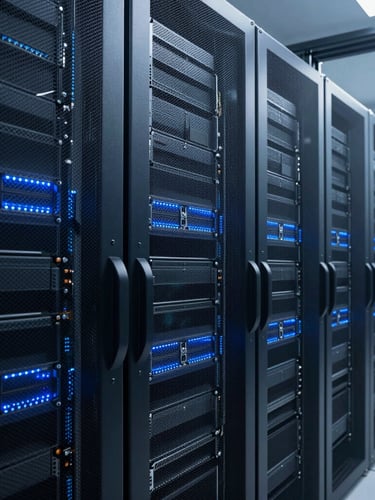 Cool-toned low-key lighting of a modern data center rack, sharp electric blue highlights, structured architectural perspective.