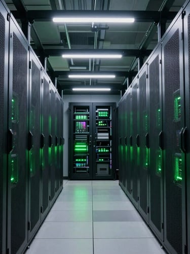Wide structured architectural perspective of a modern dark data center corridor, cool-toned low-key lighting with sharp directional neon cyber-green highlights.