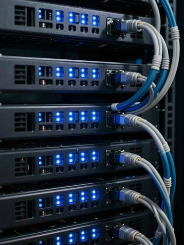 Tight, macro shot of server racks with cool-toned blue LED indicators, crisp technical cable management, low-key lighting.