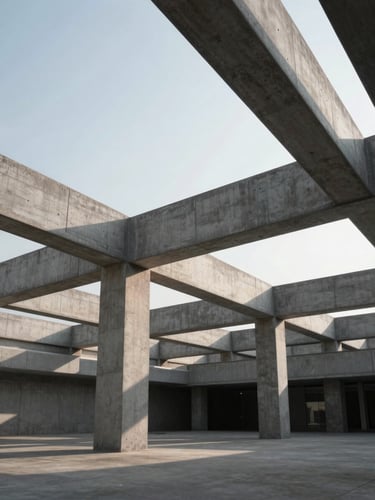 Wide-angle architectural view of interlocking concrete and steel beams, cool diffused morning light casting sharp directional shadows, structural minimalist aesthetic.