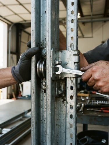 Technician's hands in close-up adjusting a heavy steel garage door track, bright garage interior lighting, focus on precision and mechanism.
