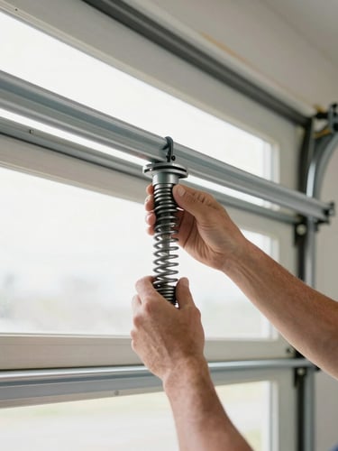 Close-up, medium-close shot of a technician's hands installing a high-cycle torsion spring on a garage door, showing robust steel tracks and clean industrial tones, bright garage interior lighting.