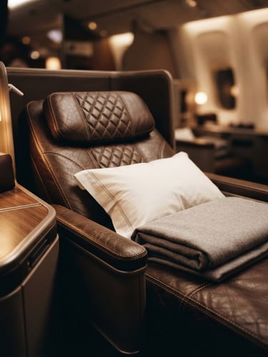 Close-up of a luxury business class flatbed cabin seat, warm soft ambient lighting, elegant leather textures, shallow depth of field, 35mm