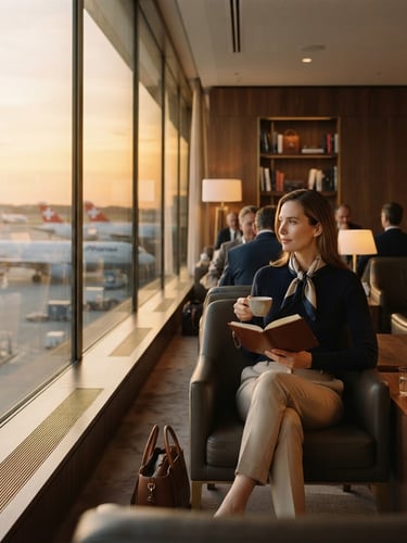 Elegant editorial travel photography of a quiet airport lounge, warm golden hour sun streaming through terminal windows, shallow depth of field, 35mm
