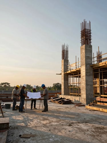 Wide documentary shot of an active Indonesian construction site at golden hour — scaffolding and concrete columns in mid-construction to the right, crew members in hard hats reviewing paper drawings at a makeshift table, natural warm light raking across raw concrete surfaces, low horizon, expansive sky