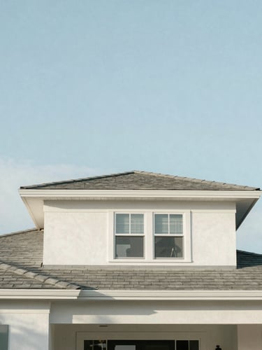 Straight-on architectural elevation of a modern residential home under a pastel sky blue Florida sky, clean shingle roofline, soft natural daylight, 35mm