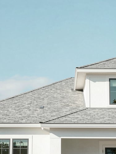 Bright architectural shot of a modern residential home in Pensacola with a pristine new shingle roof, soft pastel blue sky, daylight, 35mm
