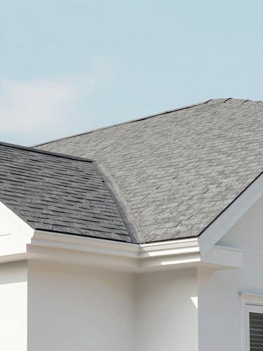 Bright architectural close-up of clean modern residential roof shingles under a soft pastel blue sky, soft natural daylight, 35mm