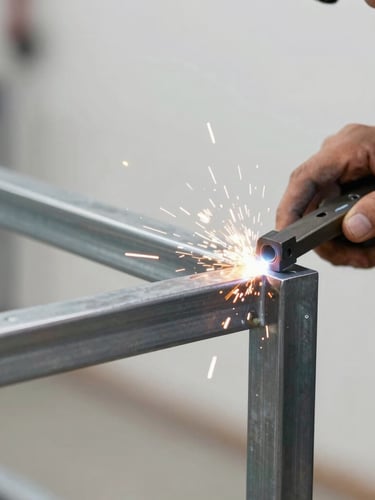 Close-up of a professional metal fabricator welding a steel frame, bright orange sparks flying, clean workshop background, high contrast, crisp detail