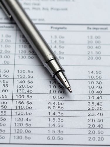 Extreme close-up overhead flat-lay: a fine-tipped pen resting diagonally across a printed ingredient analysis document, columns of dosage figures and compound names visible, cool even studio lighting, neutral white surface, sharp focus on pen nib and text columns, clinical and precise