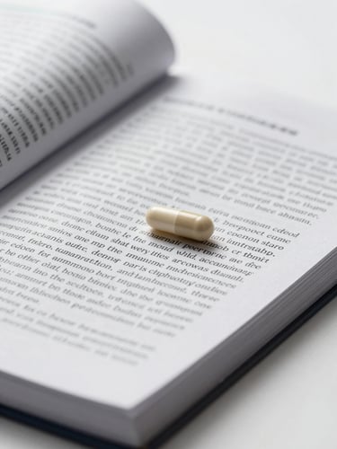 Extreme close-up of open scientific journal pages flat on a clean white surface, a single supplement capsule resting on the text, cool even studio lighting from the left, shallow depth of field on the capsule in sharp focus