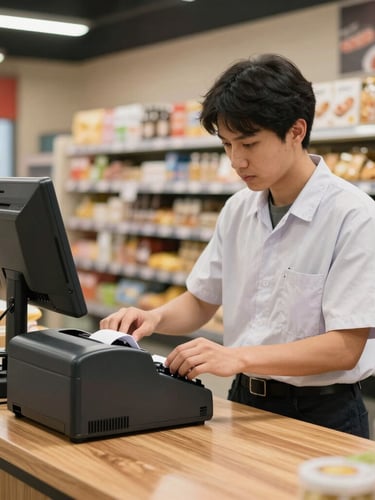 A technician in a clean uniform adjusting a rugged POS receipt printer on a wooden checkout counter of an active local food market, bright commercial lighting.